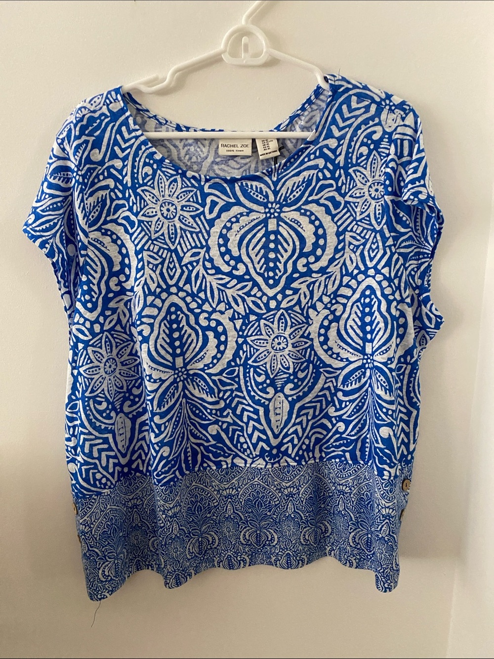 Rachel Zoe Blue & White Printed Linen Scoop Neck Tunic